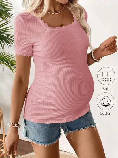Maternity Square Neck Ribbed Short Sleeve T-Shirt - Slim Fit Cotton Knit Casual Tee with Scallop Trim Details