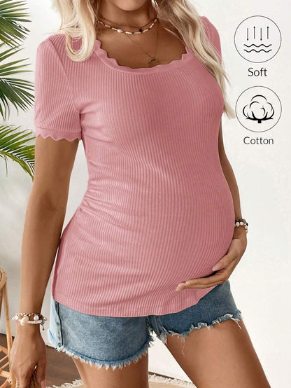 Maternity Square Neck Ribbed Short Sleeve T-Shirt - Slim Fit Cotton Knit Casual Tee with Scallop Trim Details
