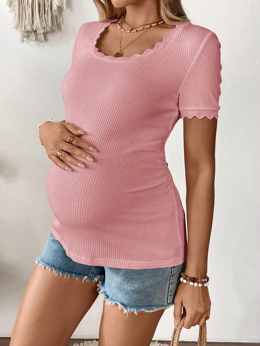 Maternity Square Neck Ribbed Short Sleeve T-Shirt - Slim Fit Cotton Knit Casual Tee with Scallop Trim Details