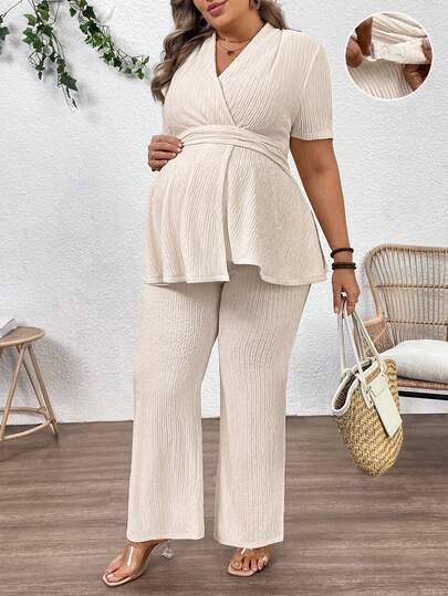 Plus Size Maternity 2-Piece Set - V Neck Overlap Top & Wide Leg Pants, Ruched, Apricot