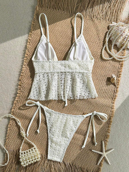 Swim Vcay Women's Spring/Summer Jacquard Fabric Spaghetti Strap Tie-Front Metal Decor Cami Bikini Top