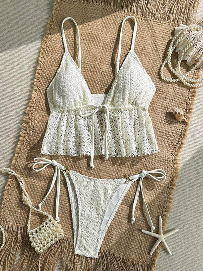 Swim Vcay Women's Spring/Summer Jacquard Fabric Spaghetti Strap Tie-Front Metal Decor Cami Bikini Top