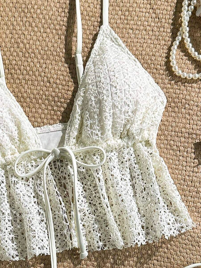 Swim Vcay Women's Spring/Summer Jacquard Fabric Spaghetti Strap Tie-Front Metal Decor Cami Bikini Top