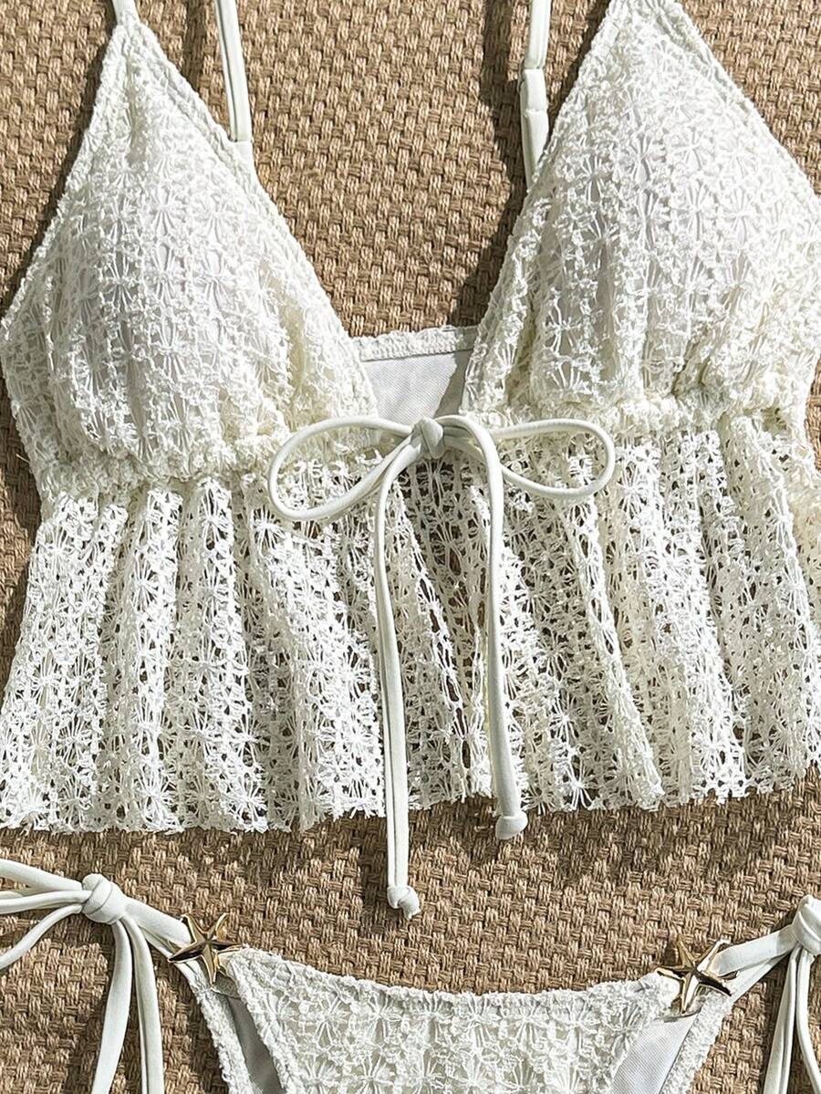 Swim Vcay Women's Spring/Summer Jacquard Fabric Spaghetti Strap Tie-Front Metal Decor Cami Bikini Top