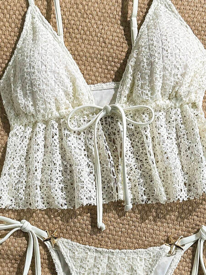 Swim Vcay Women's Spring/Summer Jacquard Fabric Spaghetti Strap Tie-Front Metal Decor Cami Bikini Top