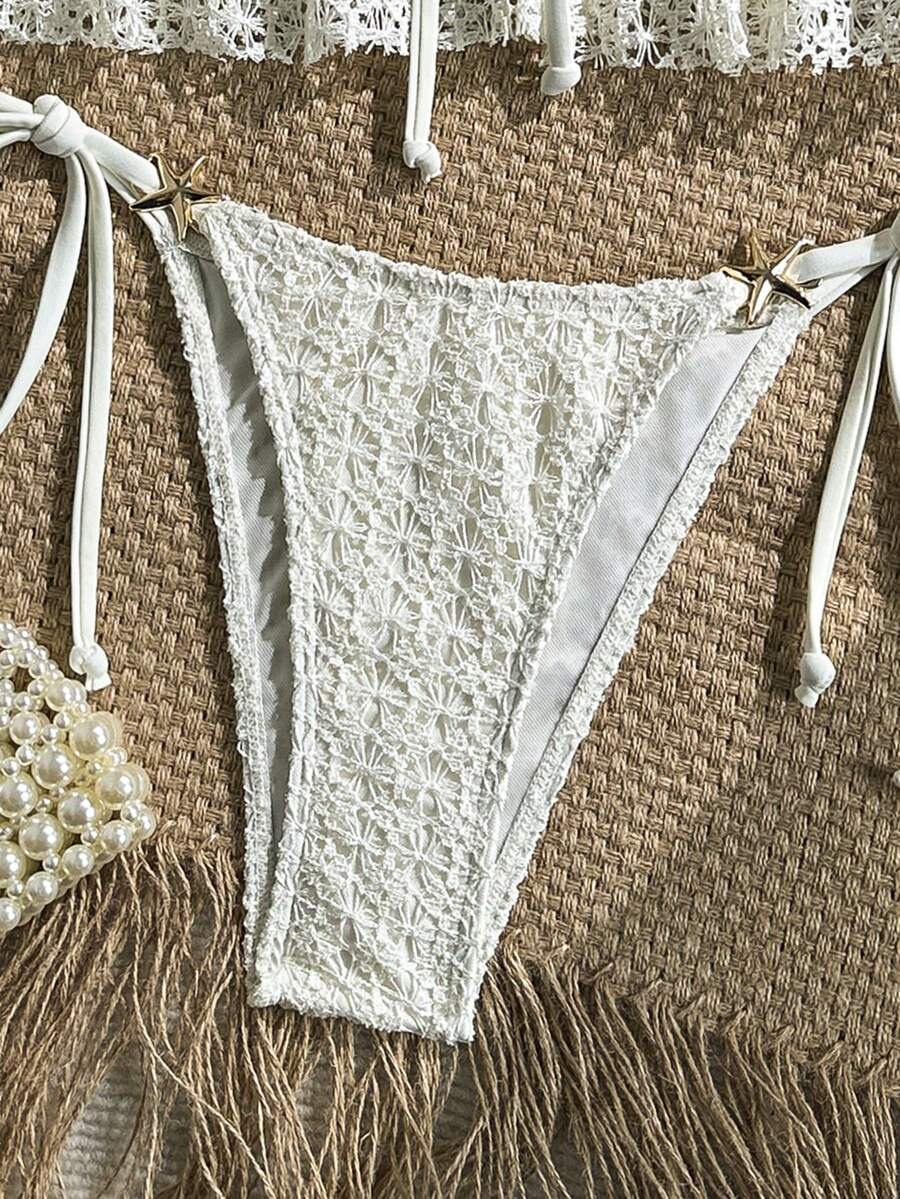 Swim Vcay Women's Spring/Summer Jacquard Fabric Spaghetti Strap Tie-Front Metal Decor Cami Bikini Top