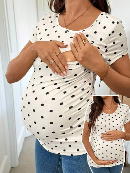 Maternity Polka Dot Print Round Neck Nursing Top White Slim Fit Short Sleeve Casual Home Wear Shirt for Pregnancy and Postpartum