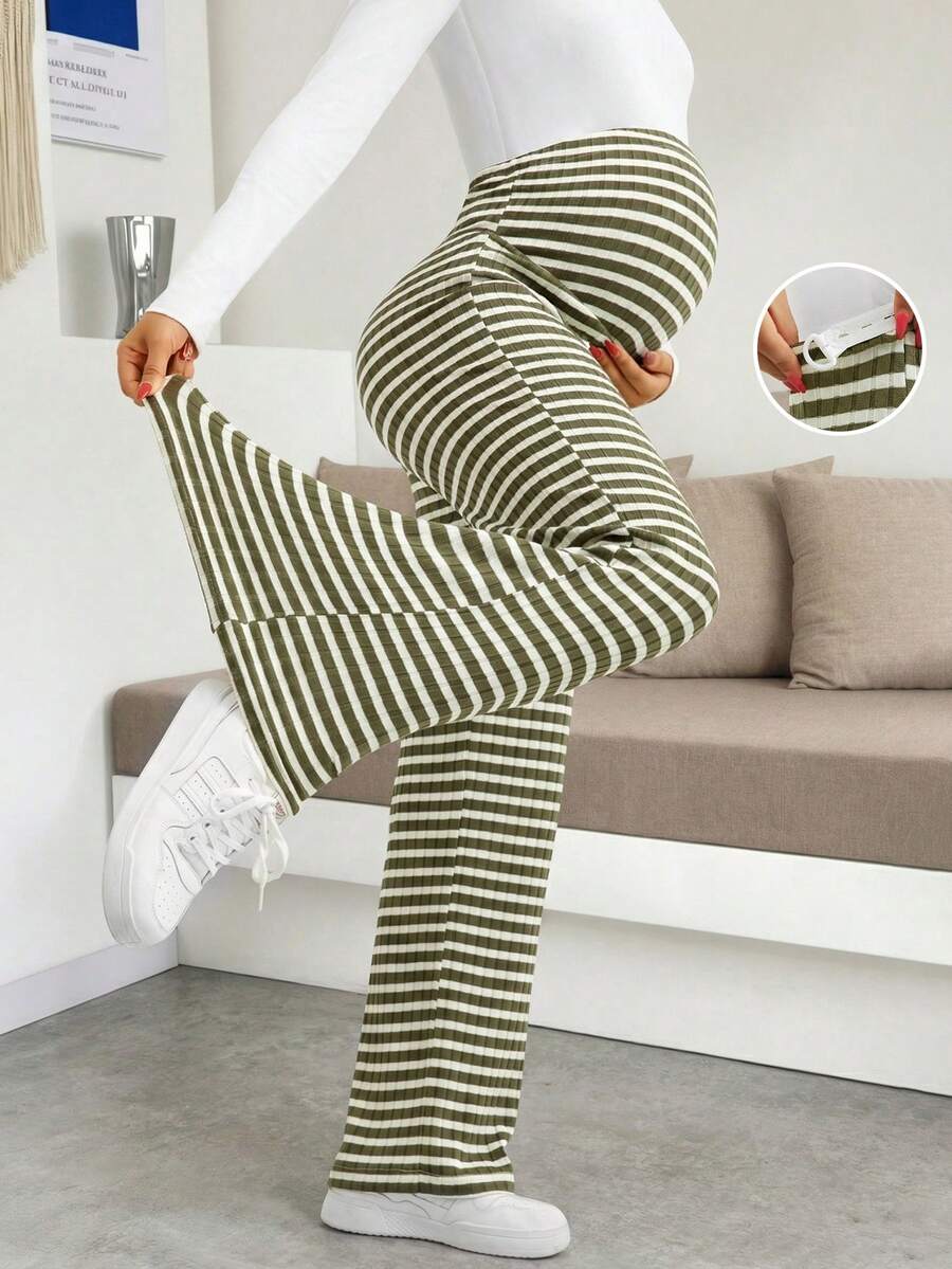 Maternity Plus Size High Waist Striped Wide Leg Pants - Black & Gray Knit Belly Support Lounge Trousers