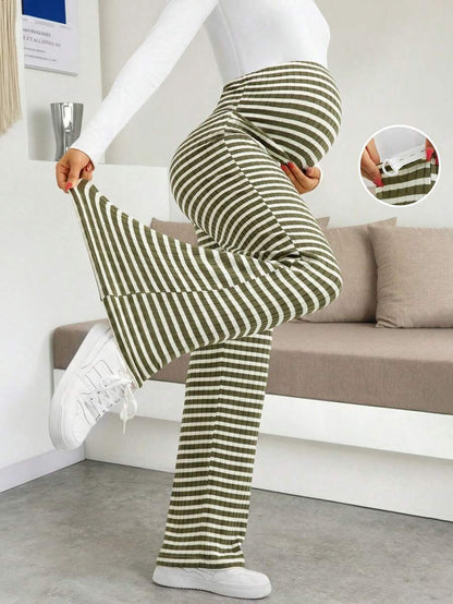 Maternity Plus Size High Waist Striped Wide Leg Pants - Black & Gray Knit Belly Support Lounge Trousers