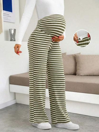 Maternity Wide Leg Pants - High Waist Striped Belly Support, Brown
