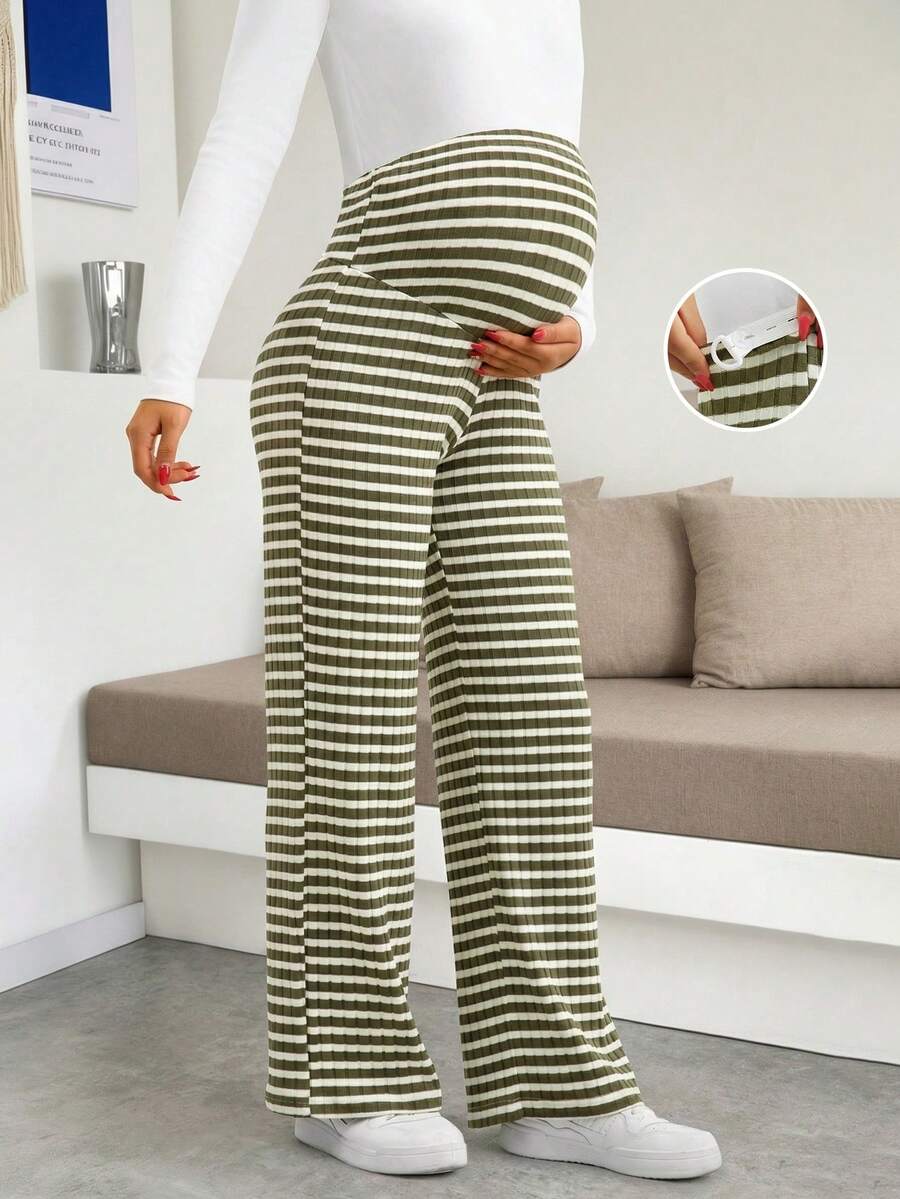Maternity Plus Size High Waist Striped Wide Leg Pants - Black & Gray Knit Belly Support Lounge Trousers