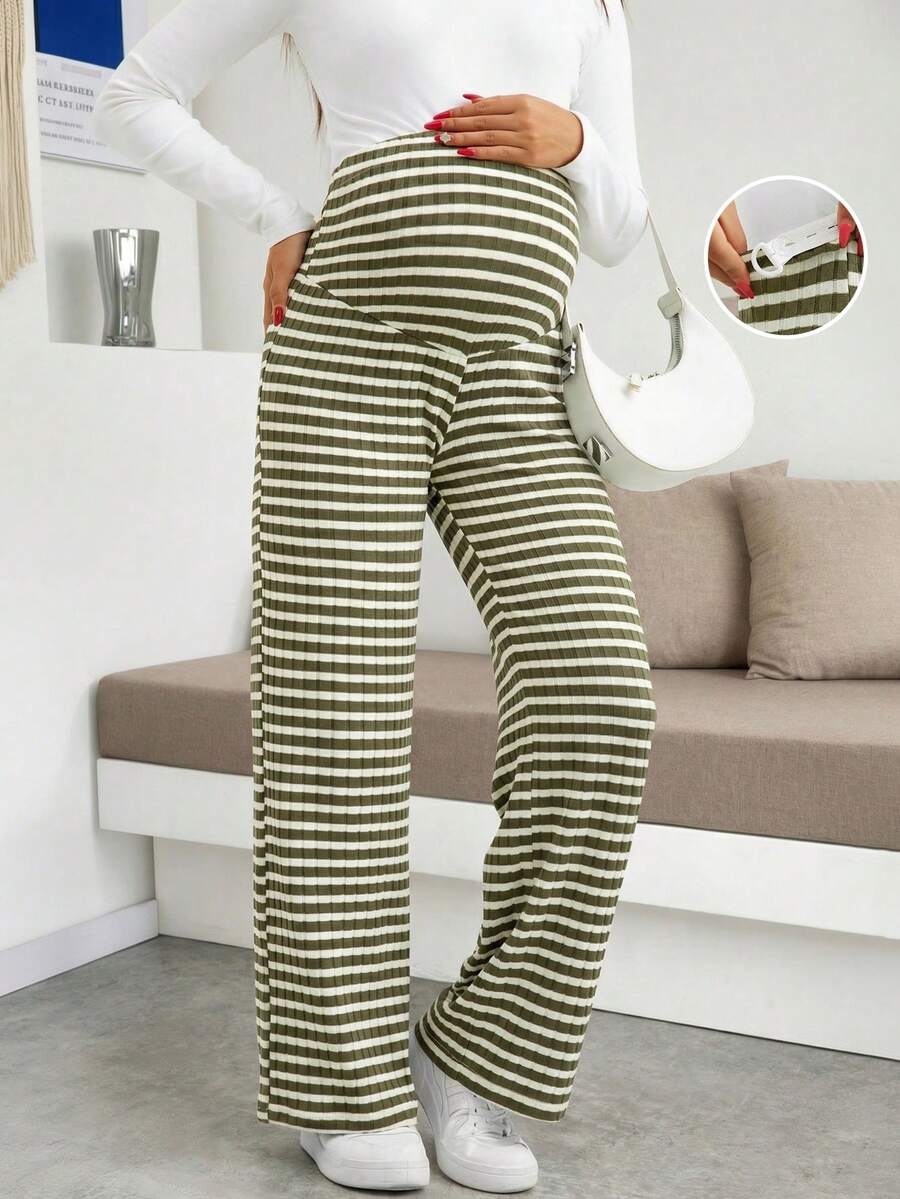 Maternity Wide Leg Pants - High Waist Striped Belly Support, Brown