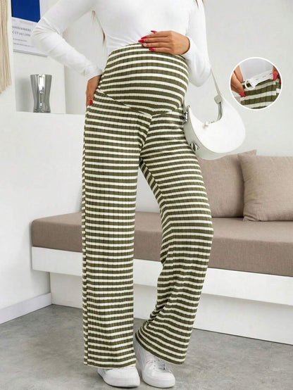 Maternity Wide Leg Pants - High Waist Striped Belly Support, Brown
