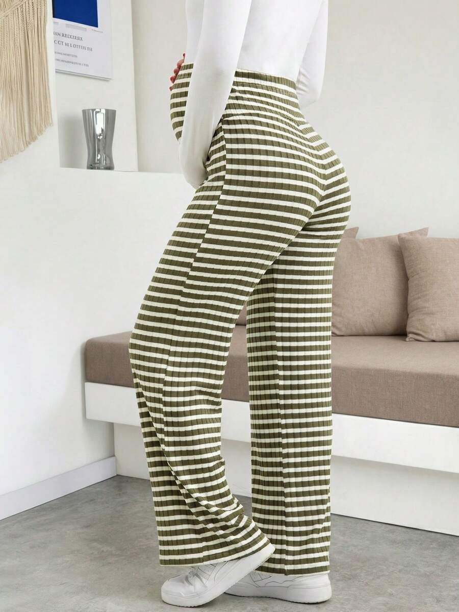 Maternity Plus Size High Waist Striped Wide Leg Pants - Black & Gray Knit Belly Support Lounge Trousers