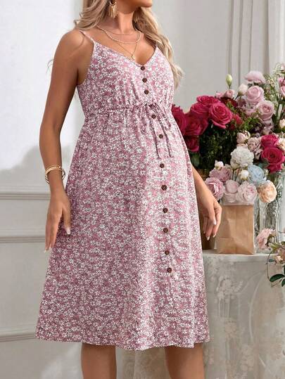 Pink Boho Button Front Cami Dress - Women's Adjustable Spaghetti Strap Cold Shoulder High Waist Flared Knee Length Vacation Dress