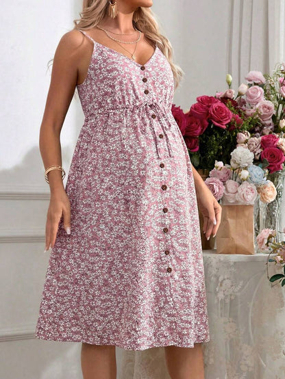 Maternity Romantic Holiday Adjustable Cami Green Ditsy Floral Print Knee Length Dress for Vacation and Baby Shower
