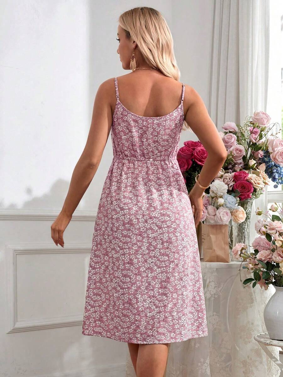 Pink Boho Button Front Cami Dress - Women's Adjustable Spaghetti Strap Cold Shoulder High Waist Flared Knee Length Vacation Dress