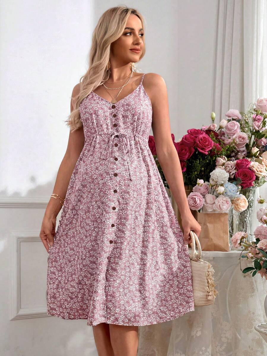 Maternity Romantic Holiday Adjustable Cami Green Ditsy Floral Print Knee Length Dress for Vacation and Baby Shower