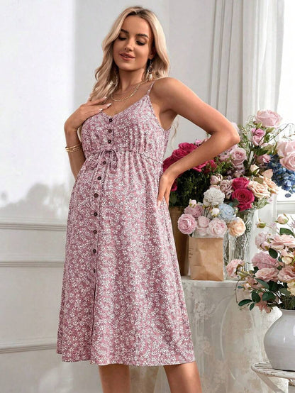 Maternity Romantic Holiday Adjustable Cami Green Ditsy Floral Print Knee Length Dress for Vacation and Baby Shower