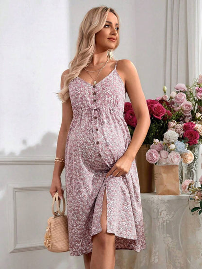Pink Boho Button Front Cami Dress - Women's Adjustable Spaghetti Strap Cold Shoulder High Waist Flared Knee Length Vacation Dress