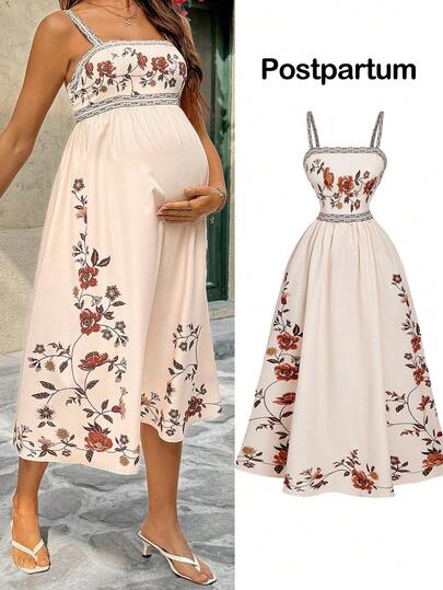 Rusty Rose Floral Spaghetti Strap Midi Maternity Dress, Boho High Waist Shirred Ruffled Beach Sundress, Sleeveless Slim Fit Cami Dress