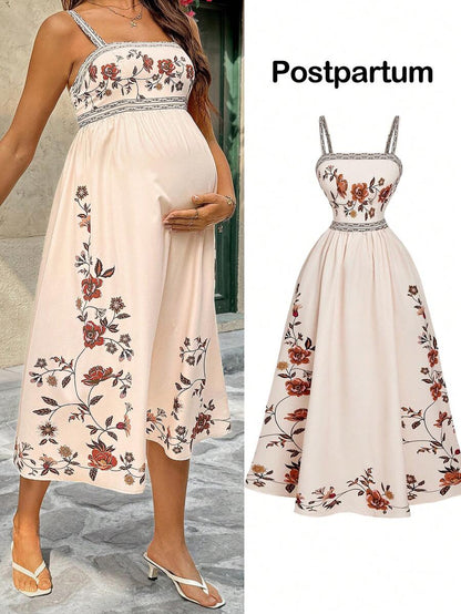 Rusty Rose Floral Spaghetti Strap Midi Maternity Dress, Boho High Waist Shirred Ruffled Beach Sundress, Sleeveless Slim Fit Cami Dress