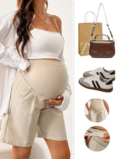 Navy Blue Maternity Bermuda Shorts - Adjustable High Waist Loose Fit Casual Summer Shorts - Solid Color Everyday Commute Maternity Bottoms with Pockets