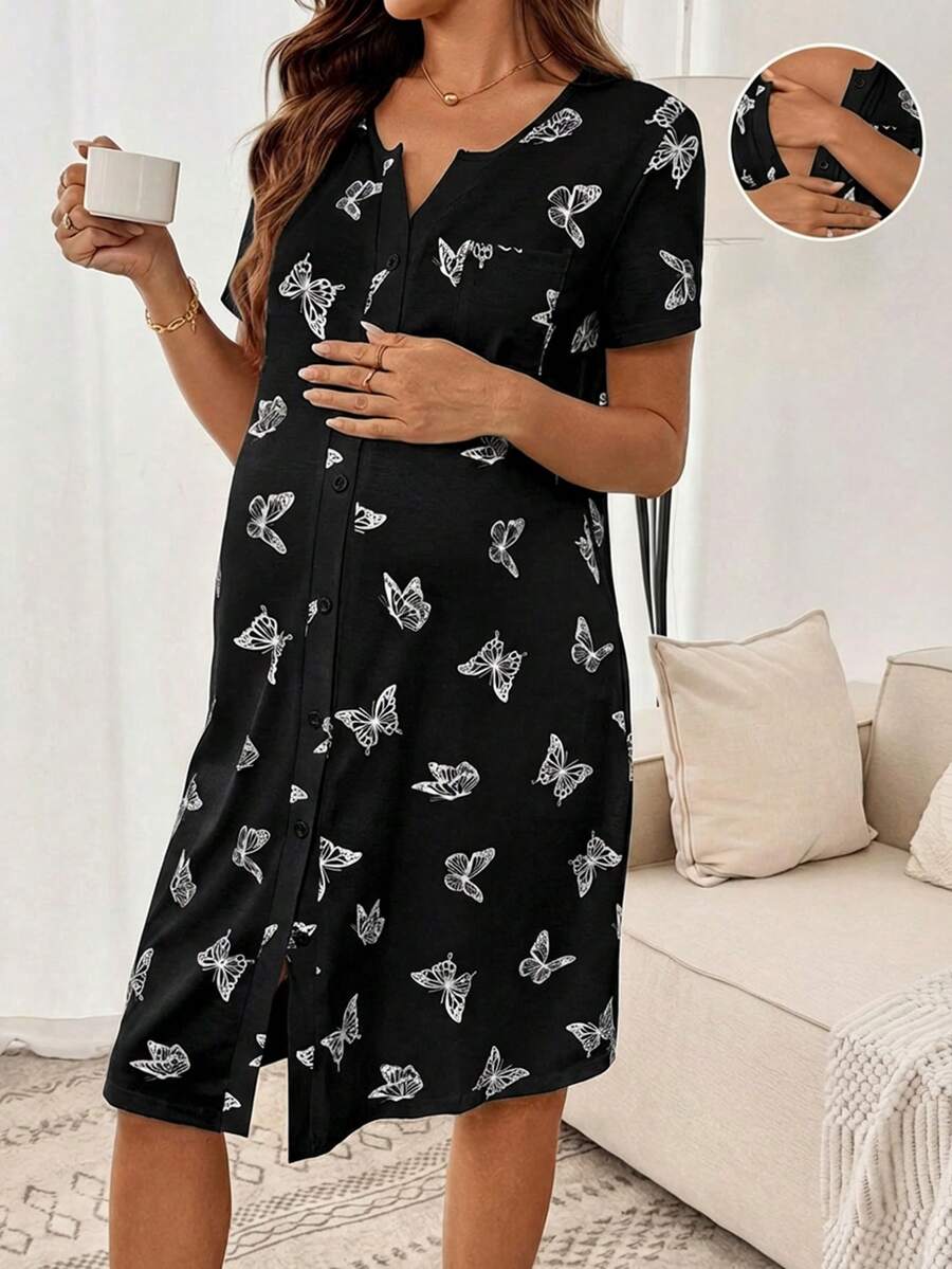 Maternity Butterfly Print Short Sleeve Pajama Dress Apricot Scoop Neck Button Detail Loungewear Nightgown for Pregnancy