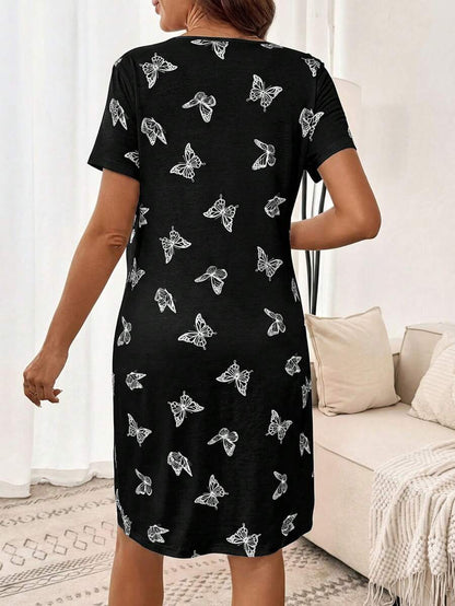 Maternity Butterfly Print Short Sleeve Pajama Dress Apricot Scoop Neck Button Detail Loungewear Nightgown for Pregnancy