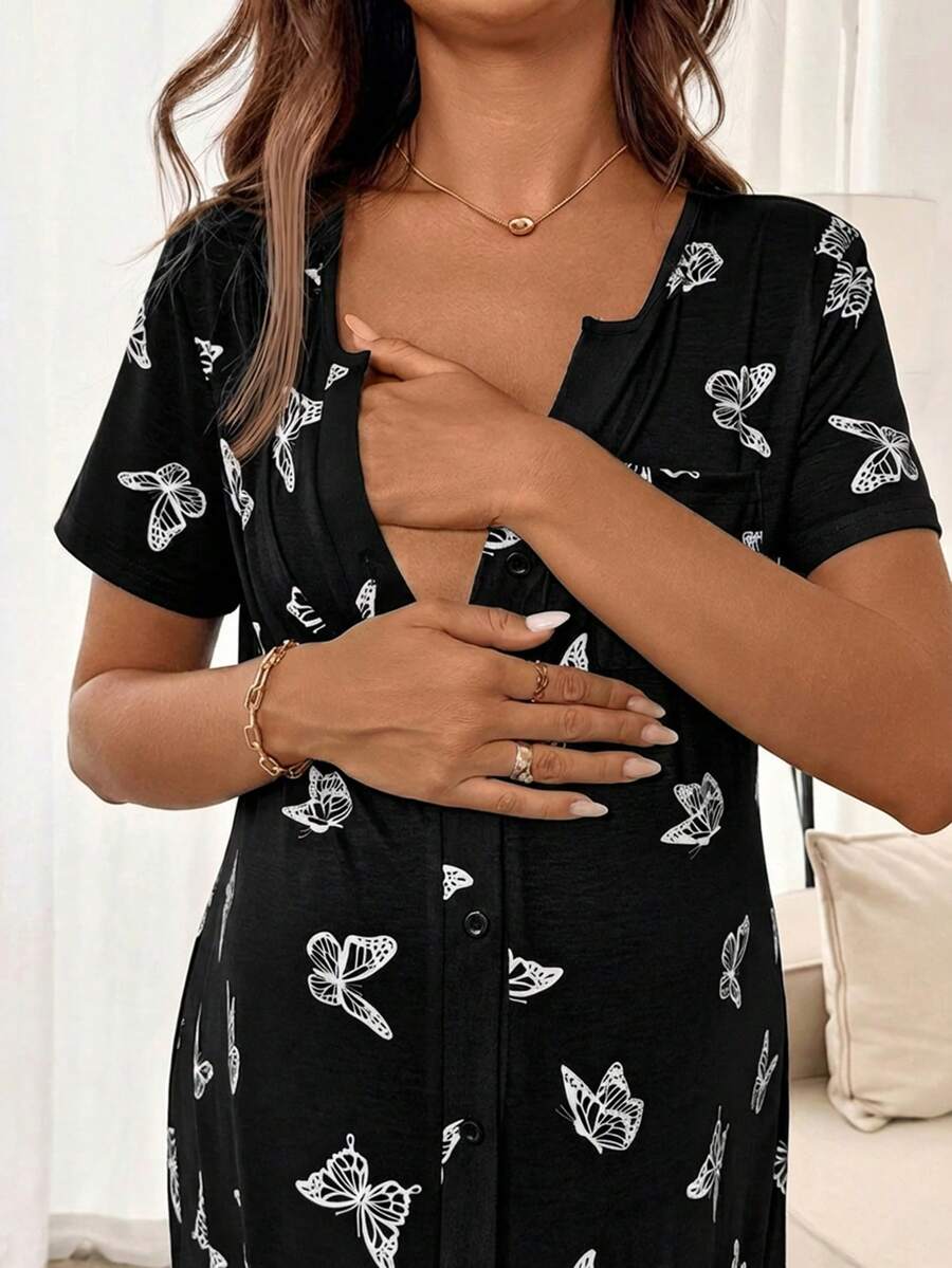 Maternity Butterfly Print Short Sleeve Pajama Dress Apricot Scoop Neck Button Detail Loungewear Nightgown for Pregnancy