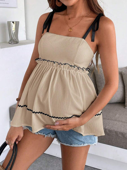 Maternity Spaghetti Strap Peplum Cami Top White Knot Front Flared Crop Tank Slim Fit Woven Maternity Summer Outfit