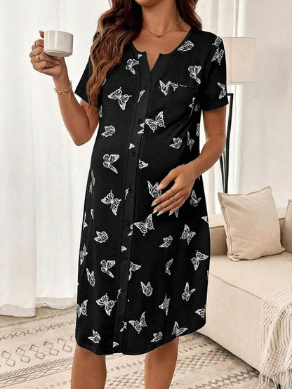 Maternity Butterfly Print Short Sleeve Pajama Dress Apricot Scoop Neck Button Detail Loungewear Nightgown for Pregnancy