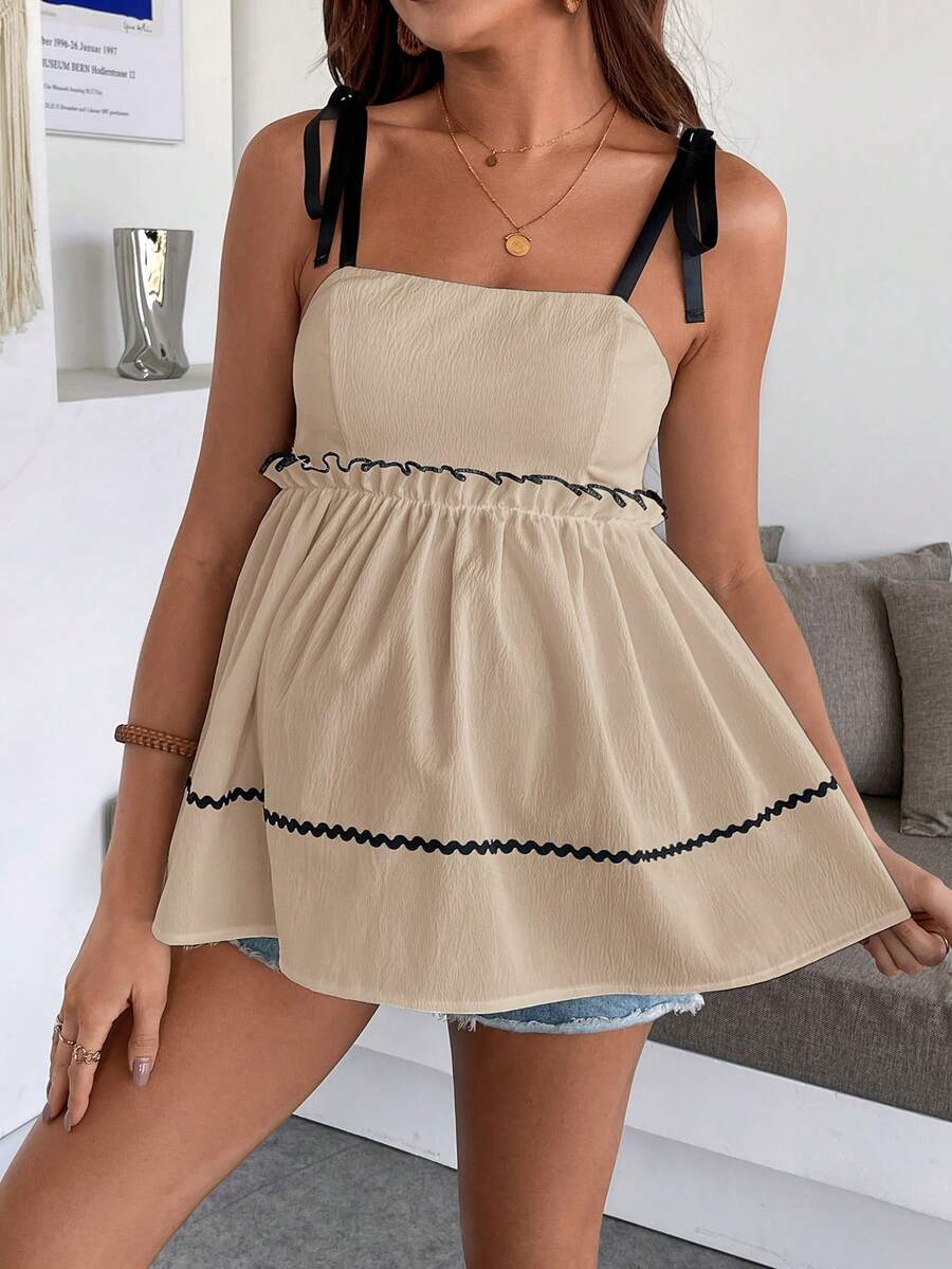 Maternity Spaghetti Strap Peplum Cami Top White Knot Front Flared Crop Tank Slim Fit Woven Maternity Summer Outfit