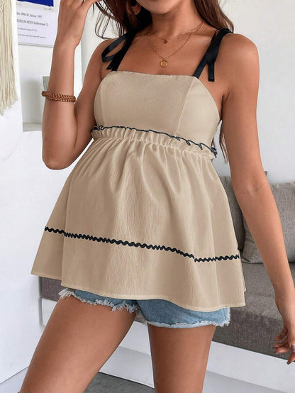 Maternity Spaghetti Strap Peplum Cami Top White Knot Front Flared Crop Tank Slim Fit Woven Maternity Summer Outfit