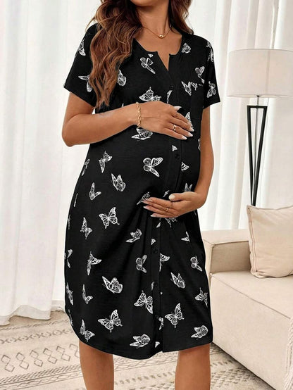 Maternity Butterfly Print Short Sleeve Pajama Dress Apricot Scoop Neck Button Detail Loungewear Nightgown for Pregnancy