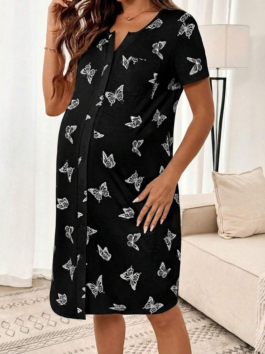 Maternity Butterfly Print Short Sleeve Pajama Dress Apricot Scoop Neck Button Detail Loungewear Nightgown for Pregnancy
