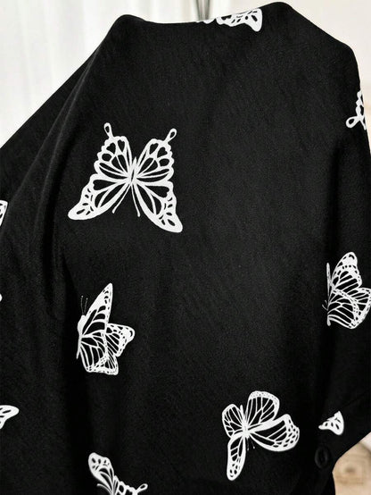 Maternity Butterfly Print Short Sleeve Pajama Dress Apricot Scoop Neck Button Detail Loungewear Nightgown for Pregnancy