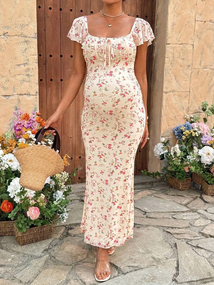 Puff Sleeve Front Bow Tie Decor Casual Smock Maternity Dress