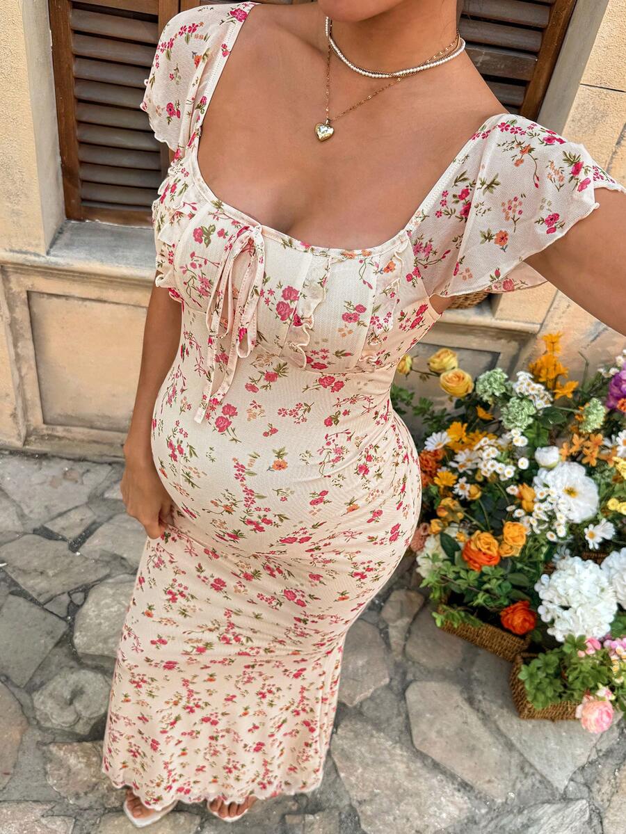 Maternity Puff Sleeve Smock Dress - Blue and White Striped Fruit Pattern Boho Summer Dress with Bow Tie Front & Ruffle Mermaid Hem