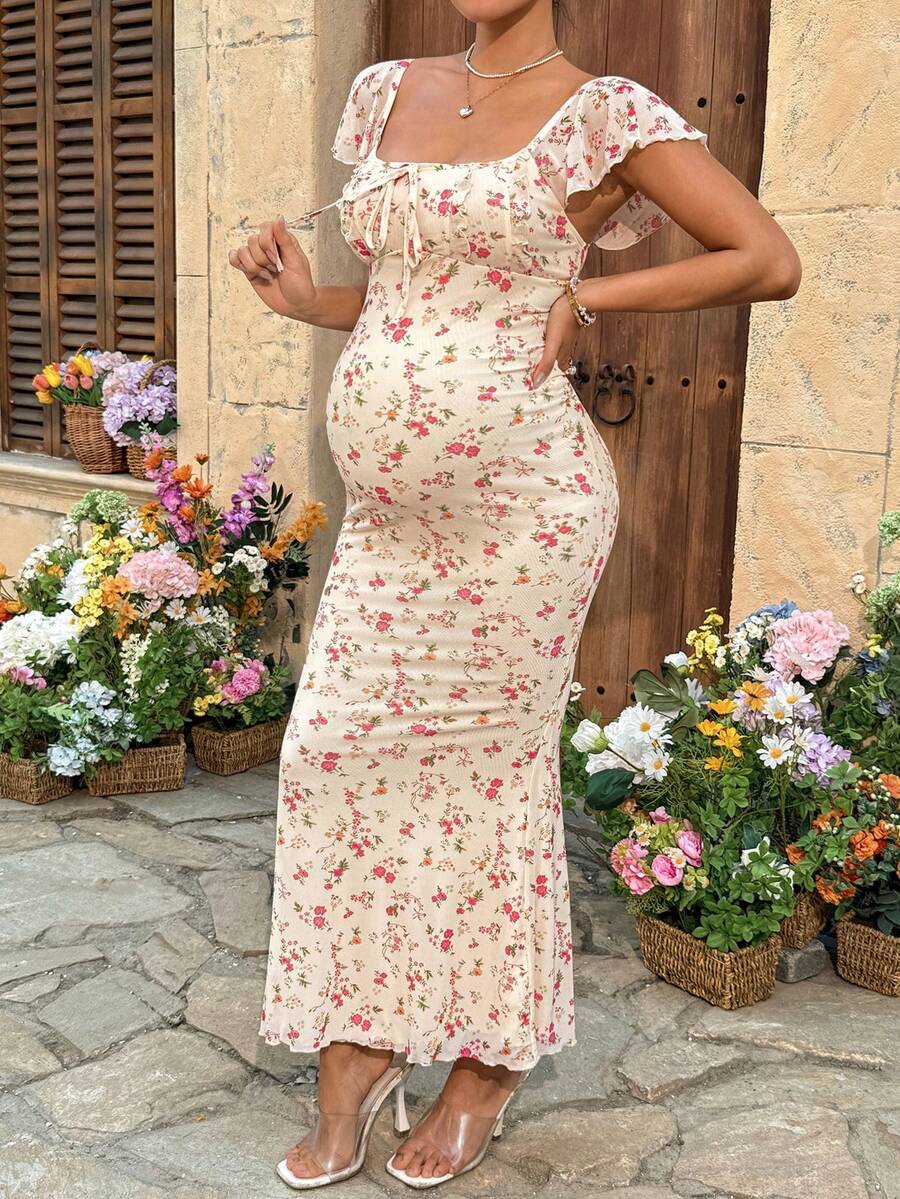 Maternity Puff Sleeve Smock Dress - Blue and White Striped Fruit Pattern Boho Summer Dress with Bow Tie Front & Ruffle Mermaid Hem