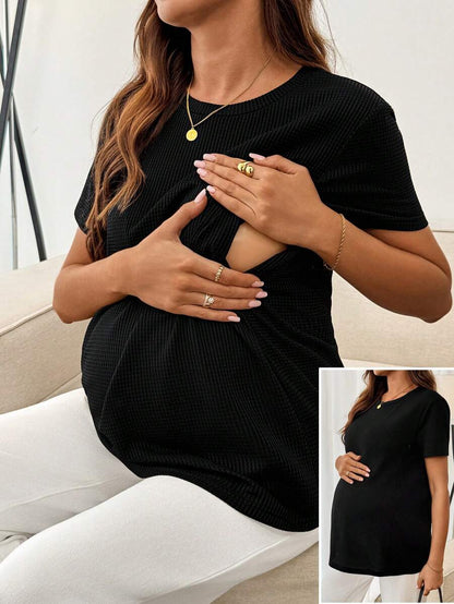 Black Short Sleeve Maternity Nursing Top with Zipper Detail Loose Fit Round Neck Soft Knitted Casual Home Wear Shirt