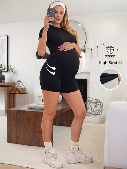 Coffee Brown Short Sleeve Maternity Unitard – High Waist Skinny Fit Solid Color Scoop Neck Summer Holiday Casual Bumpsuit