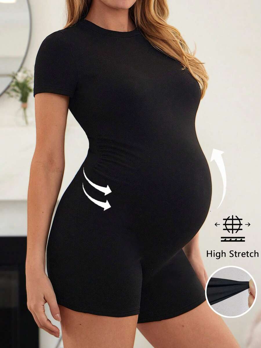 Coffee Brown Short Sleeve Maternity Unitard – High Waist Skinny Fit Solid Color Scoop Neck Summer Holiday Casual Bumpsuit