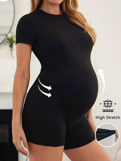 Coffee Brown Short Sleeve Maternity Unitard – High Waist Skinny Fit Solid Color Scoop Neck Summer Holiday Casual Bumpsuit