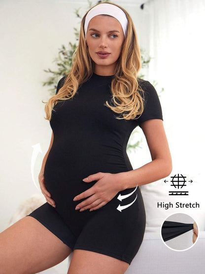 Coffee Brown Short Sleeve Maternity Unitard – High Waist Skinny Fit Solid Color Scoop Neck Summer Holiday Casual Bumpsuit