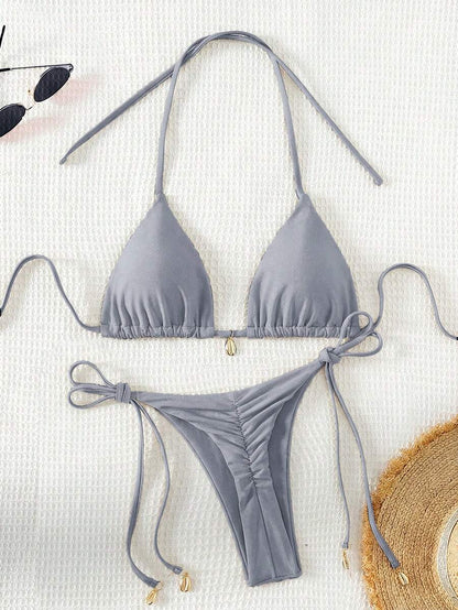Swim Chiccia Women Spring Break Summer Beach Solid Color Halter Tie Sexy Bikini Swimsuit Set