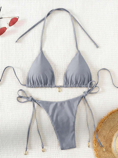Swim Chiccia Women Spring Break Summer Beach Solid Color Halter Tie Sexy Bikini Swimsuit Set