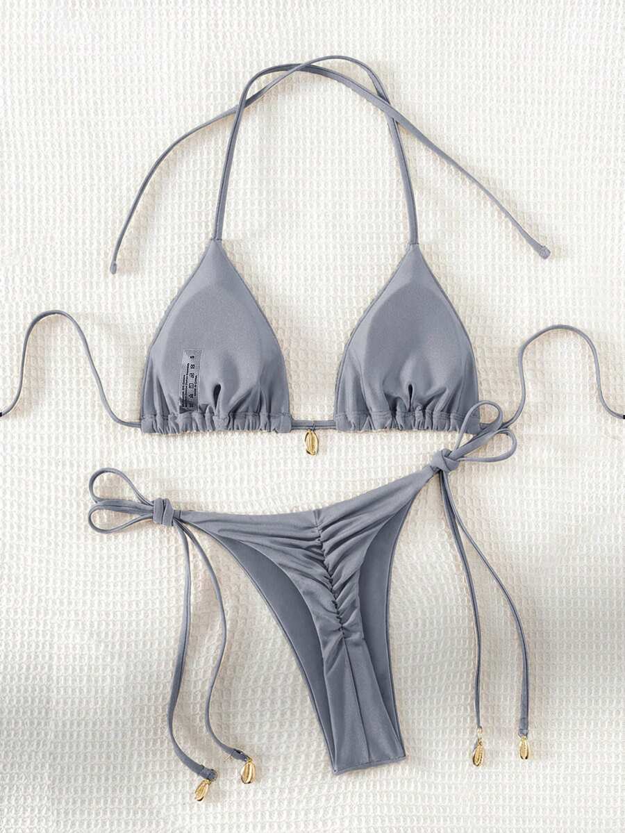 Swim Chiccia Women Spring Break Summer Beach Solid Color Halter Tie Sexy Bikini Swimsuit Set