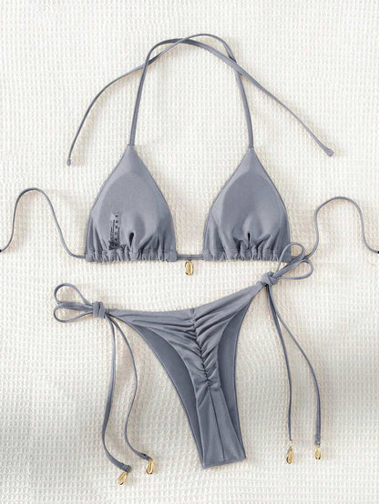 Swim Chiccia Women Spring Break Summer Beach Solid Color Halter Tie Sexy Bikini Swimsuit Set
