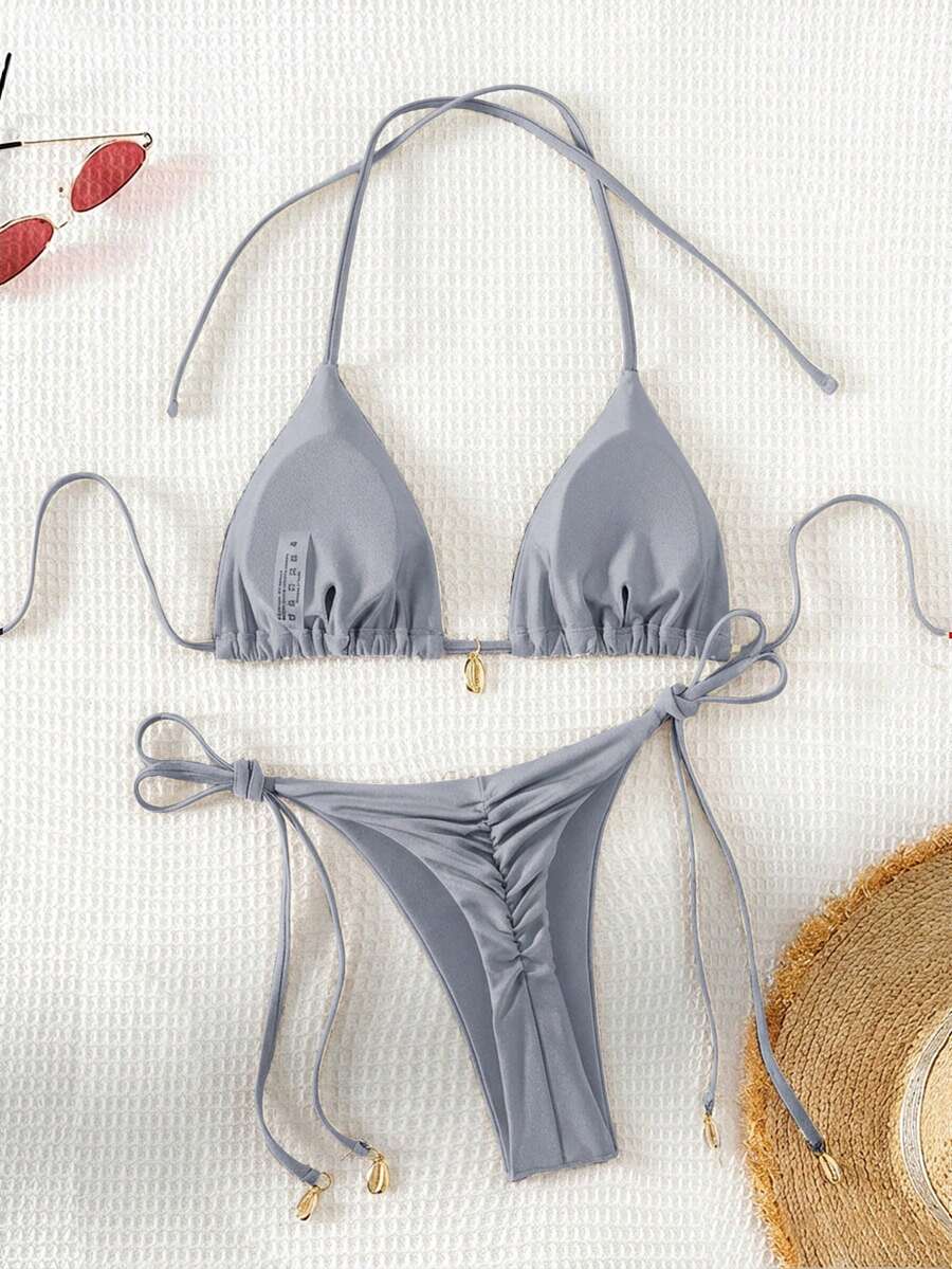 Swim Chiccia Women Spring Break Summer Beach Solid Color Halter Tie Sexy Bikini Swimsuit Set